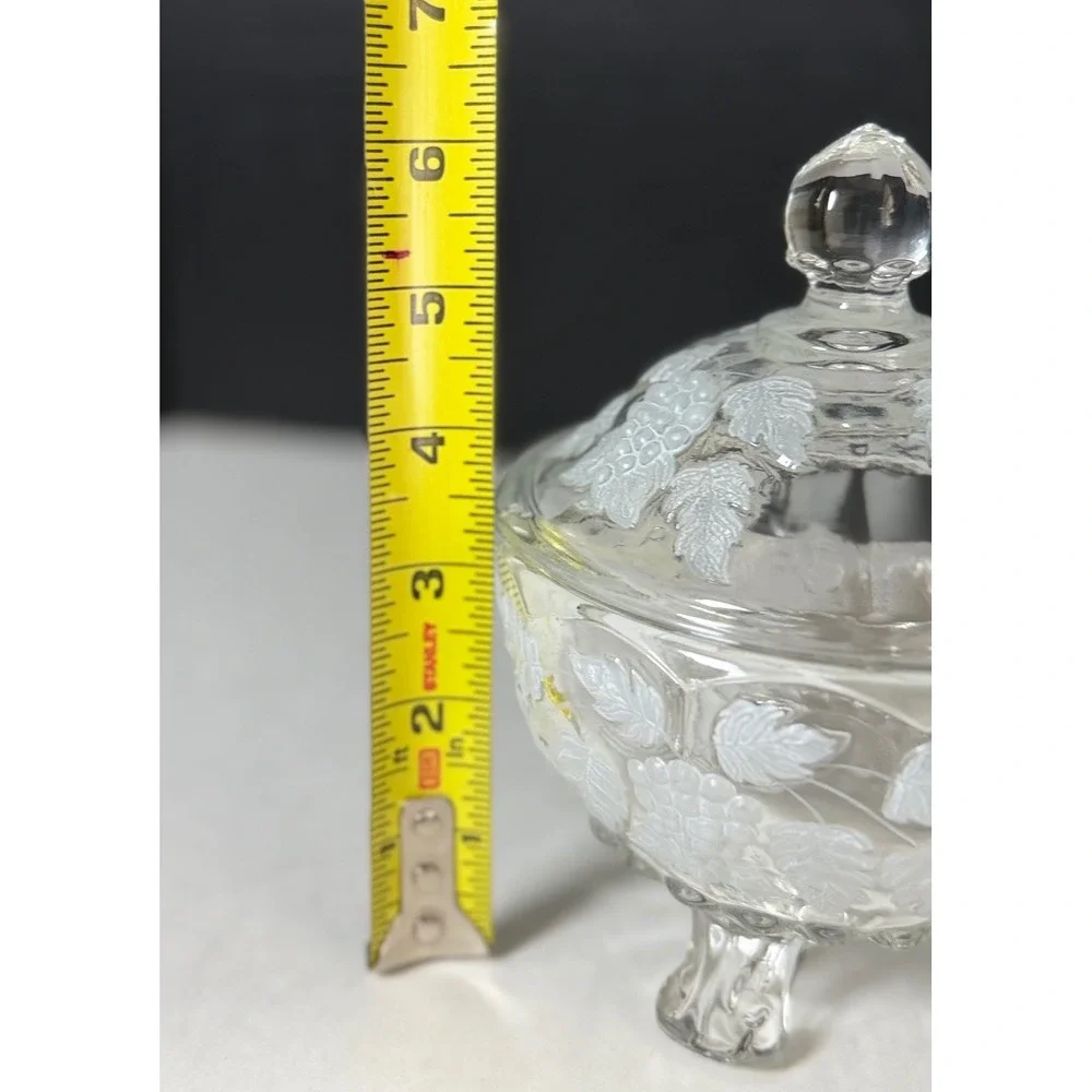 Vintage Westmoreland Paneled Grape Leaf Clear Glass Footed Candy Dish with Lid